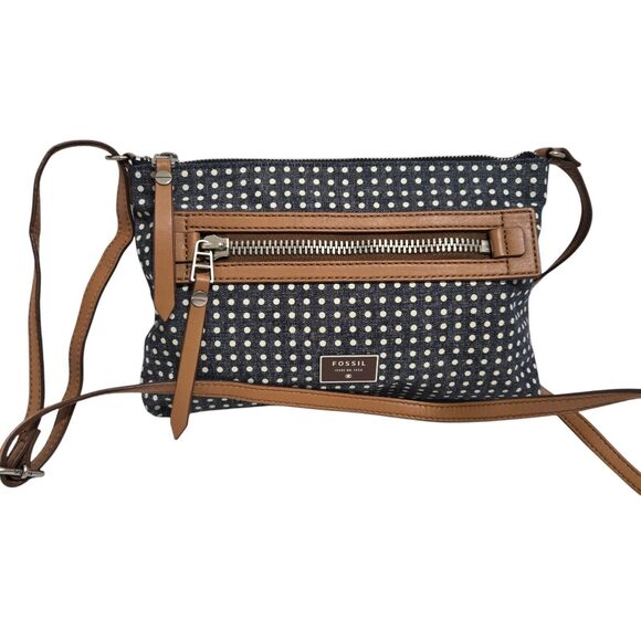 Fossil Dawson canvas Brown Leather Crossbody Handbag 11x7.5 Blue Gray Polka Dot - Picture 1 of 10